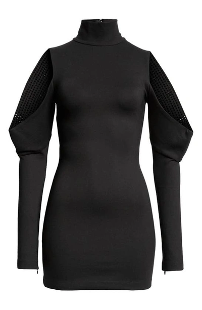 Shop Area Crystal Cold Shoulder Long Sleeve Minidress In Black