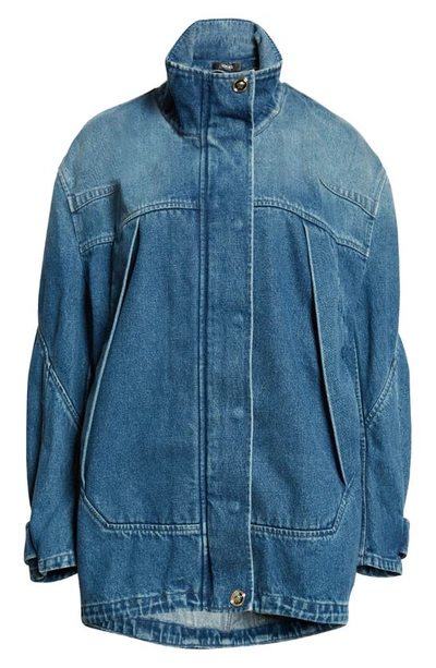 Shop Versace Funnel Neck Denim Jacket In Medium Blue