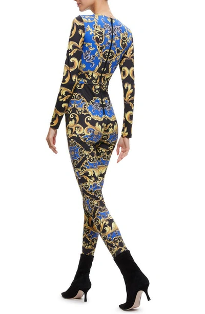 Shop Alice And Olivia Freddie Filigree Print Long Sleeve Catsuit In Regal Romance Sapphire