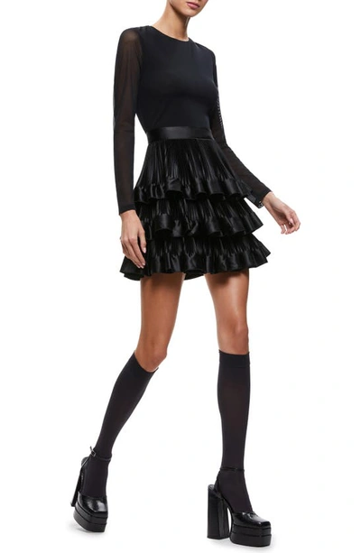 Shop Alice And Olivia Chara Long Sleeve Pleated Tiered Ruffle Minidress In Black