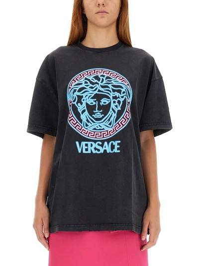 Shop Versace T-shirt With Worn Look In Black