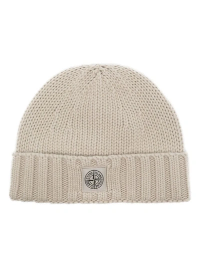 Shop Stone Island Logo Knitted Beanie In Plaster