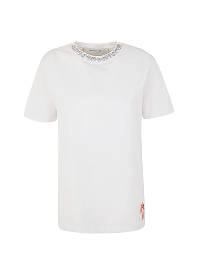 Shop Golden Goose Golden W`s Regular T-shirt Distressed Cotton Jersey With Embroidery In Vintage White