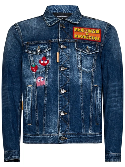 Shop Dsquared2 Pac-man Medium Wash Dan Jean Jacket In Blue