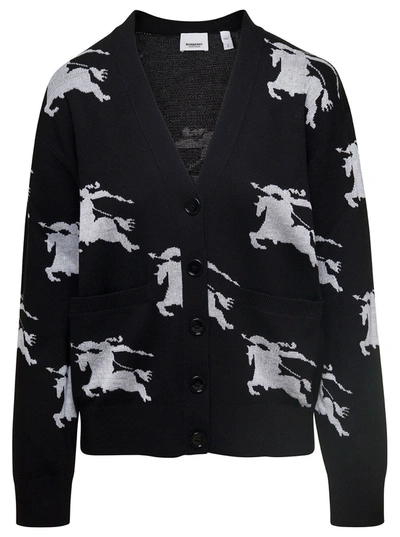 Shop Burberry Brittany Black Cardigan With Equestrian Knight In Cotton Blend Woman