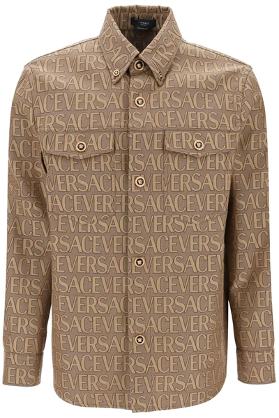 Shop Versace Allover Overshirt Jacket In Brown Beige (brown)