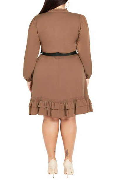 Shop City Chic Precious Tie Neck Belted Long Sleeve Dress In Deep Caramel