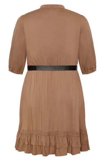 Shop City Chic Precious Tie Neck Belted Long Sleeve Dress In Deep Caramel