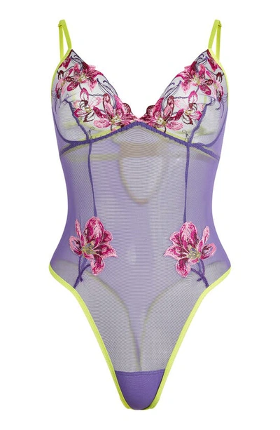 Shop Hanky Panky Floral Embroidered Mesh Teddy In Purple/ Electric Yellow