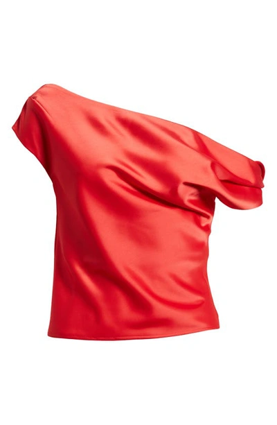 Shop Wayf Twist One-shoulder Satin Blouse In Red