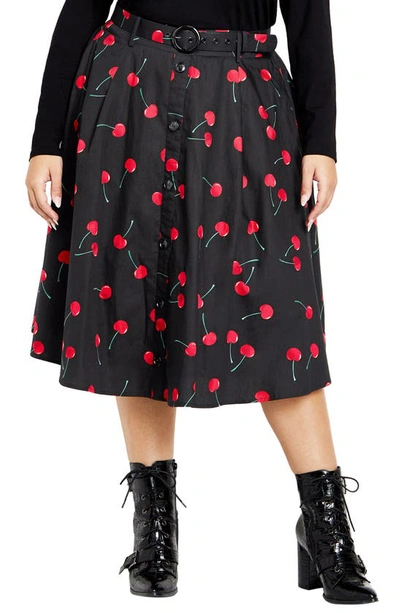 Shop City Chic Siena Belted High Waist Button Front Midi Skirt In Black Cherry Prt