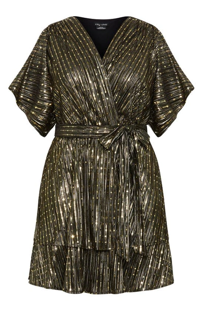 Shop City Chic Frida Metallic Faux Wrap Dress In Gold