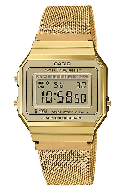 Shop Casio A700wmg-9avt Mesh Strap Digital Chronograph Watch, 37.4mm X 35.5mm In Gold