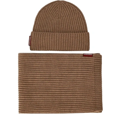 Shop Dsquared2 Warmy Camel Beanie+scarf Set In Beige