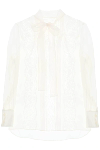 Shop Dolce & Gabbana Chiffon Blouse With Lace Inserts In White