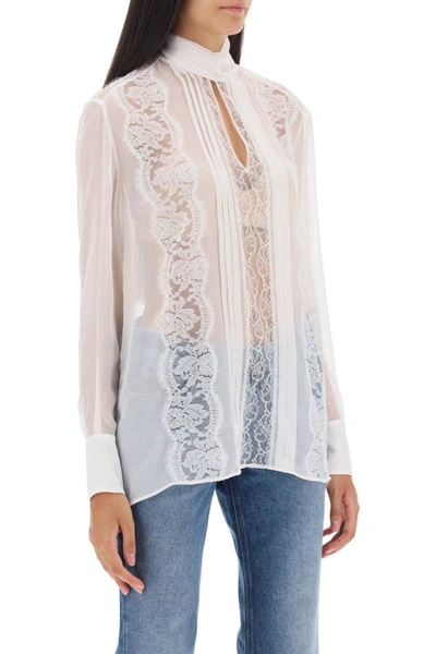 Shop Dolce & Gabbana Chiffon Blouse With Lace Inserts In White