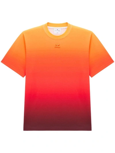 Shop Courrèges T-shirt With Shaded Effect Embroidered Logo In Yellow &amp; Orange