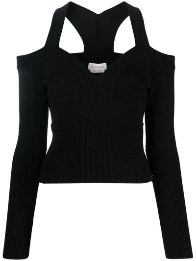 Alexander Mcqueen Black Cropped Top With Cut-out Details Black In Jersey Stretch Woman In Black