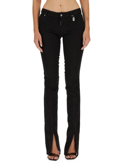 Dsquared2 Stretch Denim Jeans Trumpet With Ankle Slit 19cm In Black