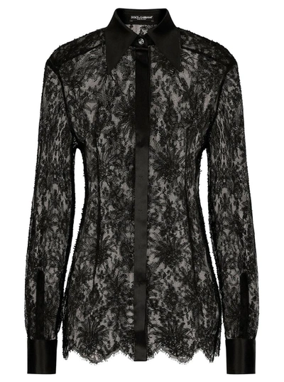 Shop Dolce & Gabbana Black Slim Shirt With Satin Details In Chantilly Lace Woman