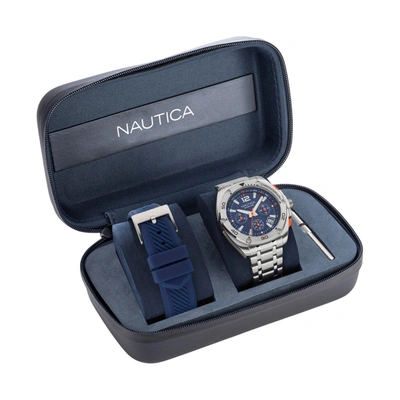 Shop Nautica Mens Tin Can Bay Stainless Steel And Silicone Watch Box Set In Blue
