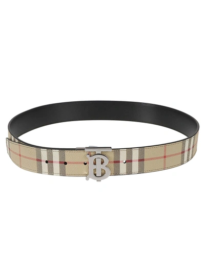 Shop Burberry Tb Buckled Check Belt In Archive Beige/silver