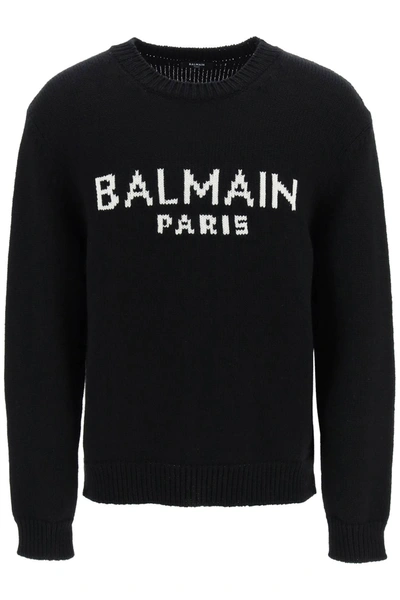 Shop Balmain Oversized Wool Logo Sweater In Noir/blanc