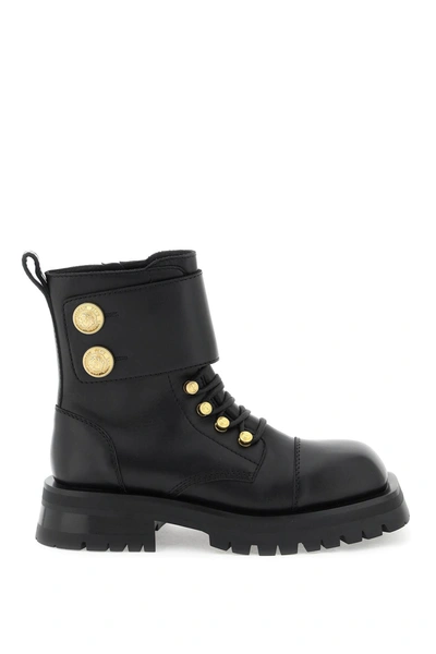 Shop Balmain Leather Ranger Boots With Maxi Buttons In Noir (black)