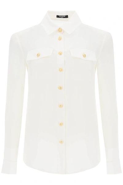 Shop Balmain Crepe De Chine Shirt With Padded Shoulders In Bianco