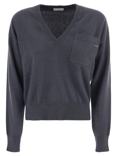 Shop Brunello Cucinelli Cashmere Sweater With Pocket In Dark Blue
