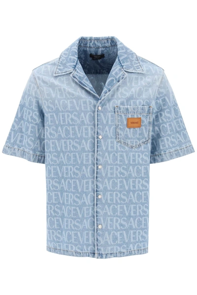 Shop Versace Americana Fit Short Sleeve Denim Shirt In Light Blue (blue)