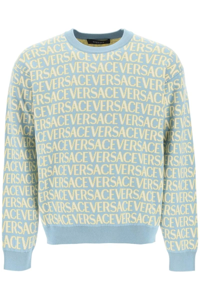 Shop Versace Monogram Cotton Sweater In Light Blue Ivory (light Blue)