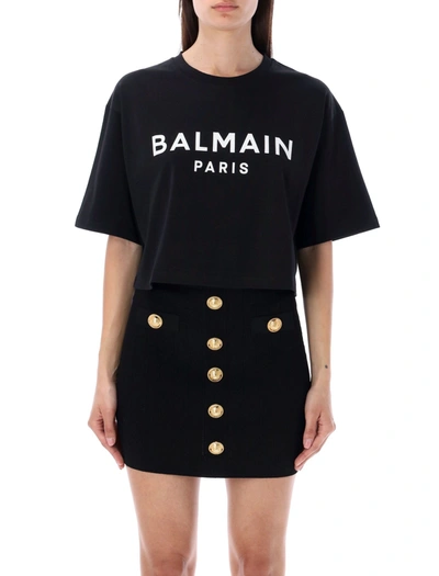 Shop Balmain Cropped Logo Tee T-shirt In Black/white
