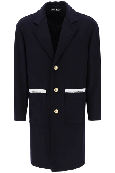Shop Palm Angels Sartorial Tape Wool Cashmere Coat In Blu Navy
