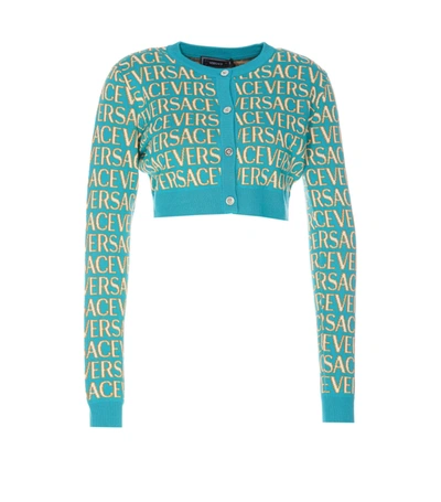 Shop Versace Knitted Allover Cropped Cardigan In Azzurro