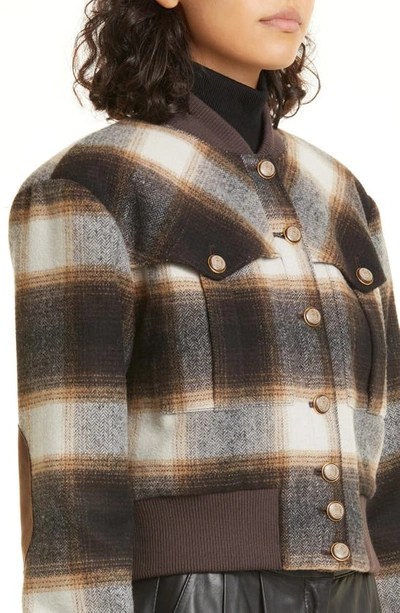 Shop Veronica Beard Stanley Plaid Wool Blend Bomber Jacket In Brown Multi