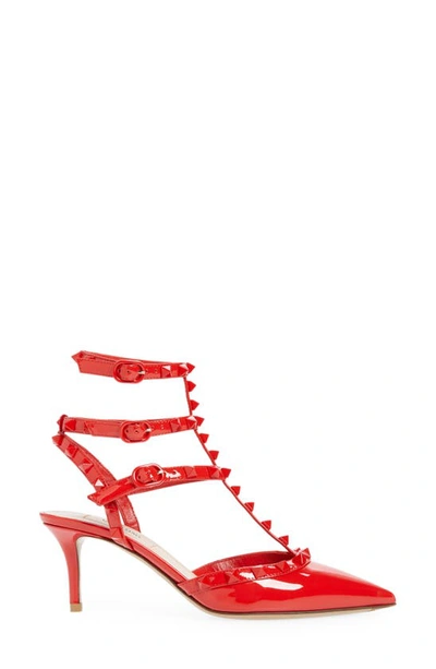 Shop Valentino Rockstud T-strap Pointed Toe Pump In Ju5 Rouge Pur