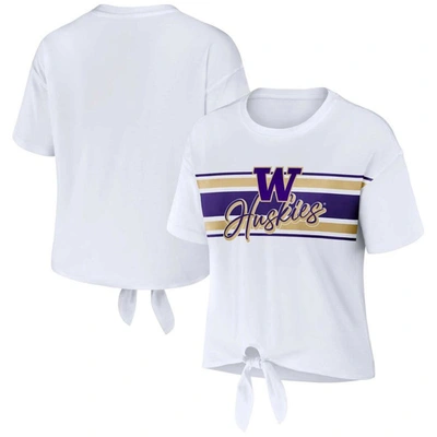 Shop Wear By Erin Andrews White Washington Huskies Striped Front Knot Cropped T-shirt