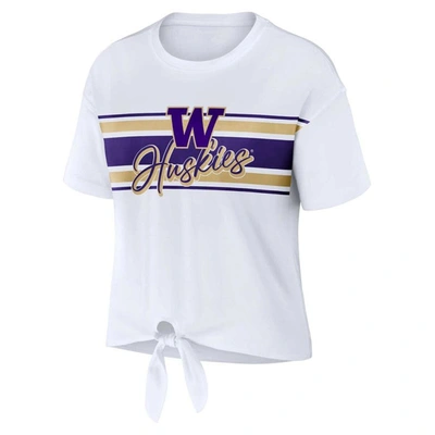 Shop Wear By Erin Andrews White Washington Huskies Striped Front Knot Cropped T-shirt