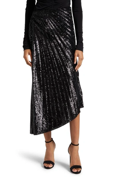 Shop A.l.c Tori Sequin Pleated Asymmetric Hem Skirt In Black