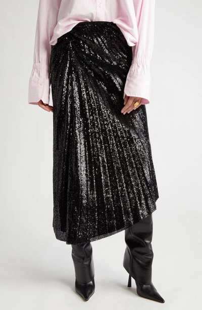Shop A.l.c Tori Sequin Pleated Asymmetric Hem Skirt In Black