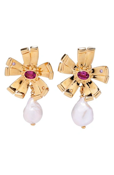 Shop Lizzie Fortunato Lotus Freshwater Pearl Drop Earrings In Gold Multi