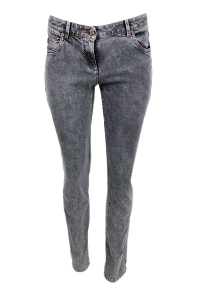 Shop Brunello Cucinelli 5-pocket Jeans Trousers In Stretch Denim Skynny Fit Model With Jewels On The Back In Grey
