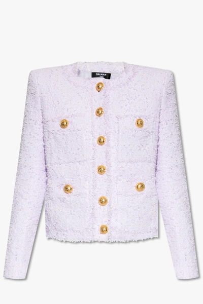 Shop Balmain Purple Tweed Blazer In New