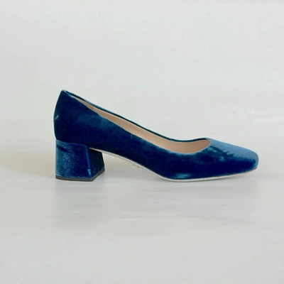 Pre-owned Prada Blue Velvet Block Heel Square Toe Mary Jane Pumps, 39