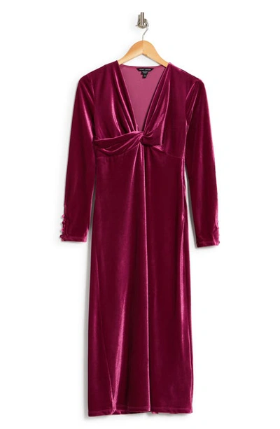 Shop Maggy London Twist Long Sleeve Velvet Midi Cocktail Dress In Purple Potion