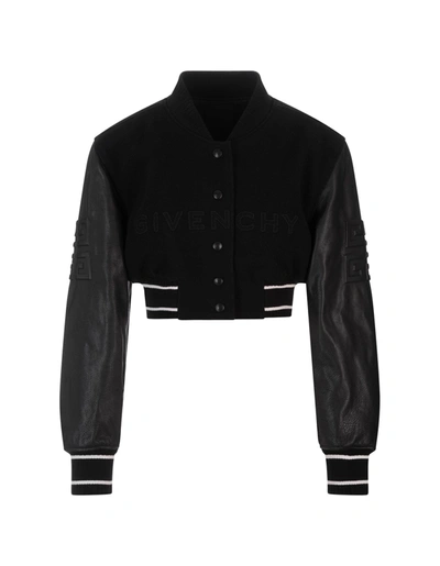 Cropped Embroidered Wool-blend Fleece And Leather Bomber Jacket In Black