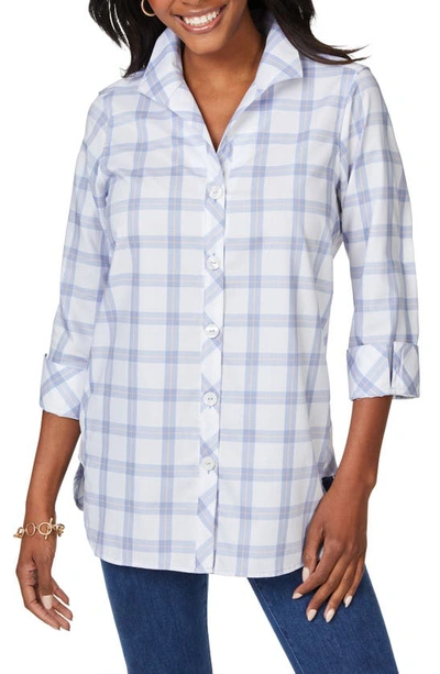 Foxcroft Pandora Plaid Cotton Button-up Tunic In Iris Bloom