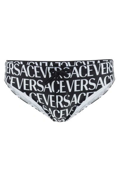 Shop Versace Allover Swim Briefs In White, Black
