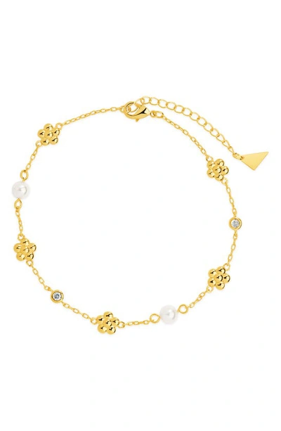 Shop Sterling Forever June Floral Imitation Pearl Anklet In Gold